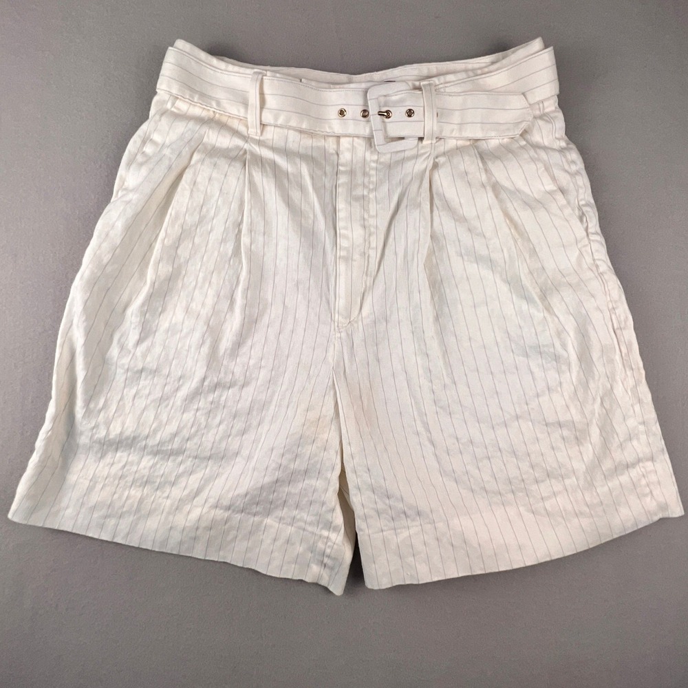 Banana Republic Belted Shorts Women's 12 Pinstripe Linen Blend Pleated Summer